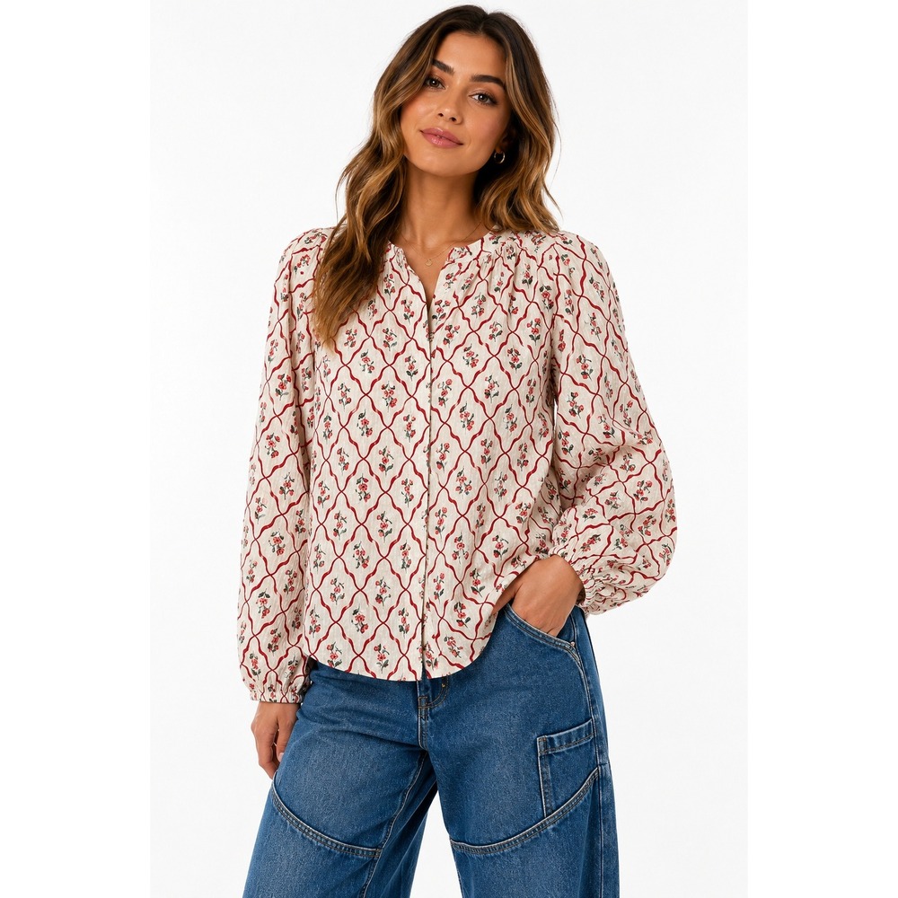 Lucky Brand Boho Quilted Floral Peasant Button Blouse Women L Cream CotttageCore - Picture 11 of 11